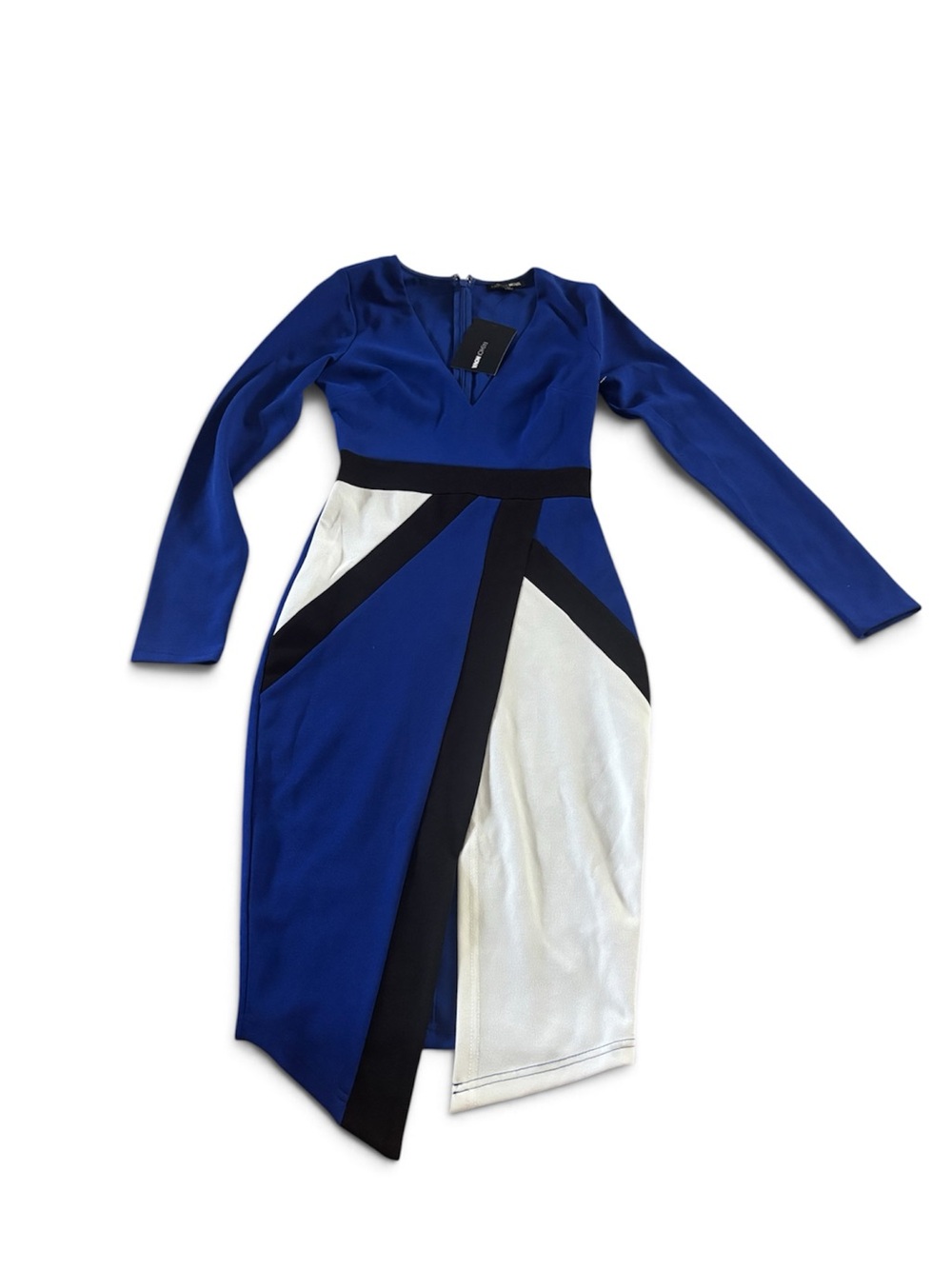 Fashion Nova Royal Blue, White & Black Colorblock Long-Sleeve Sheath Dress XS